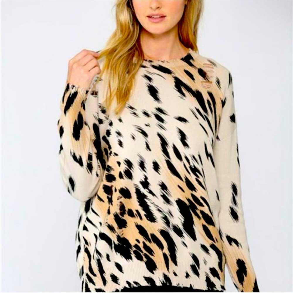 Fate for Anthropologie Distressed Animal Print Crew Neck Knit Top in Black & Tan